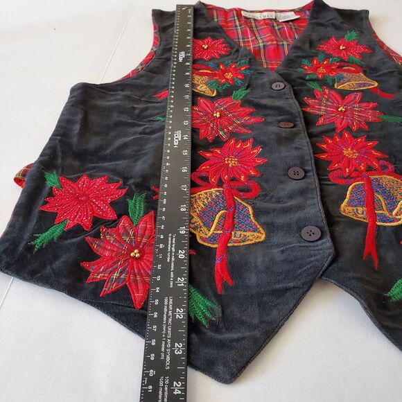 Vintage Velvet Poinsettia Vest Holiday Plaid Casey & Max Sz S Cottagecore 90s - Picture 5 of 6